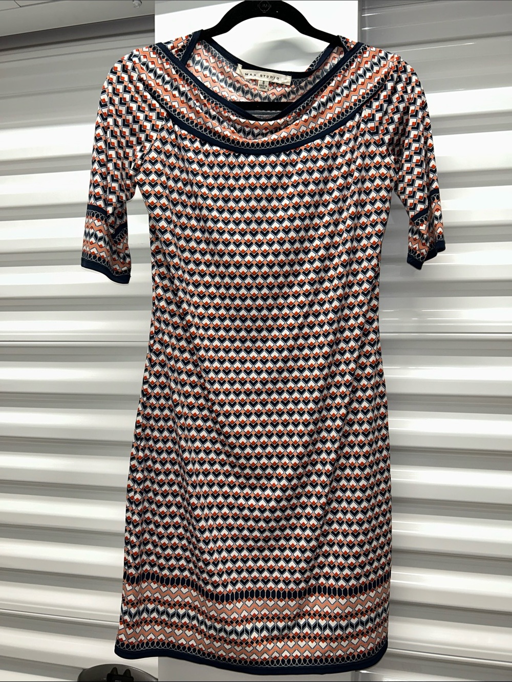 Max Studio Navy, Rust & White Geometric Midi Dress
